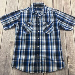 Airwalk Button Up Shirt Mens Medium Blue Short Sleeve Casual Adult Plaid.